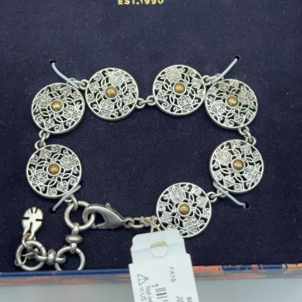 Lucky Brand Silver Tone Bracelet Filigree Discs Bronze Center 6.5" - 7"